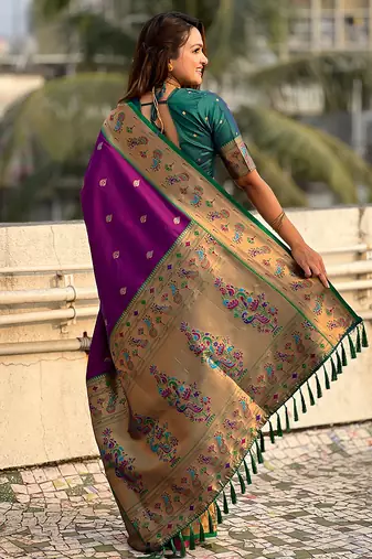 Purple woven self design pure silk paithani saree with blouse