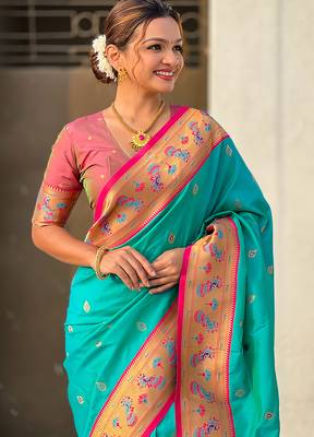 Sea green woven self design pure silk paithani saree with blouse 2