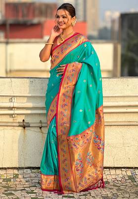 Sea green woven self design pure silk paithani saree with blouse 3