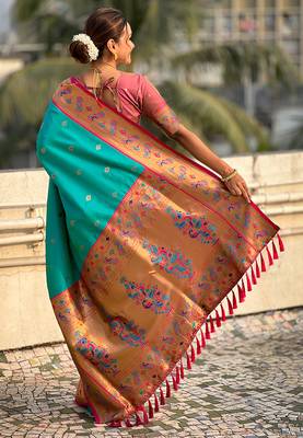 Sea green woven self design pure silk paithani saree with blouse 4
