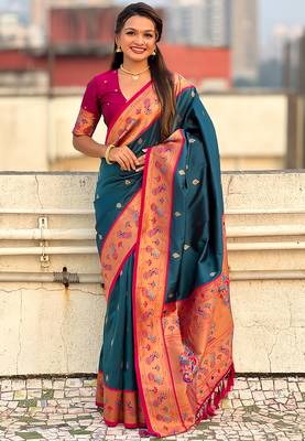 Teal blue woven self design pure silk paithani saree with blouse 1