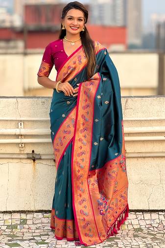 Teal blue woven self design pure silk paithani saree with blouse