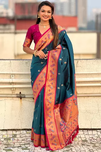 Teal blue woven self design pure silk paithani saree with blouse