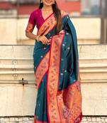 Teal blue woven self design pure silk paithani saree with blouse