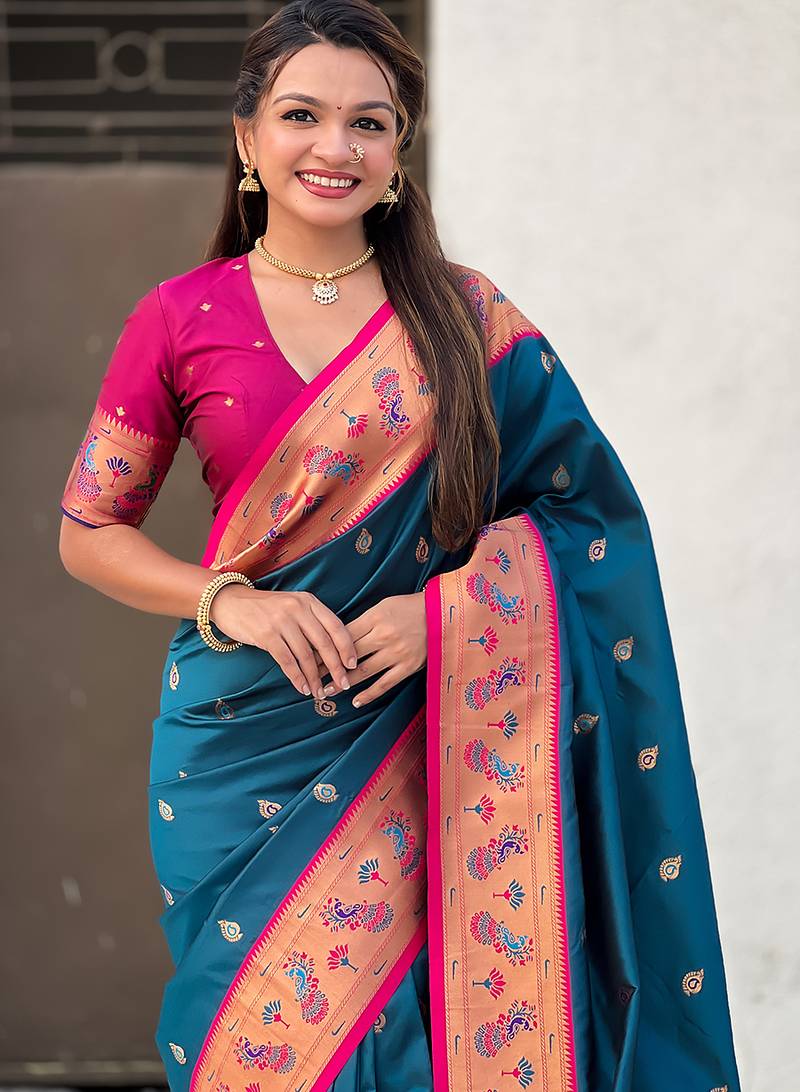 Teal blue woven self design pure silk paithani saree with blouse