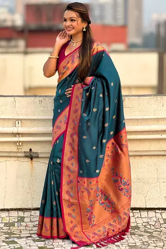 Teal blue woven self design pure silk paithani saree with blouse