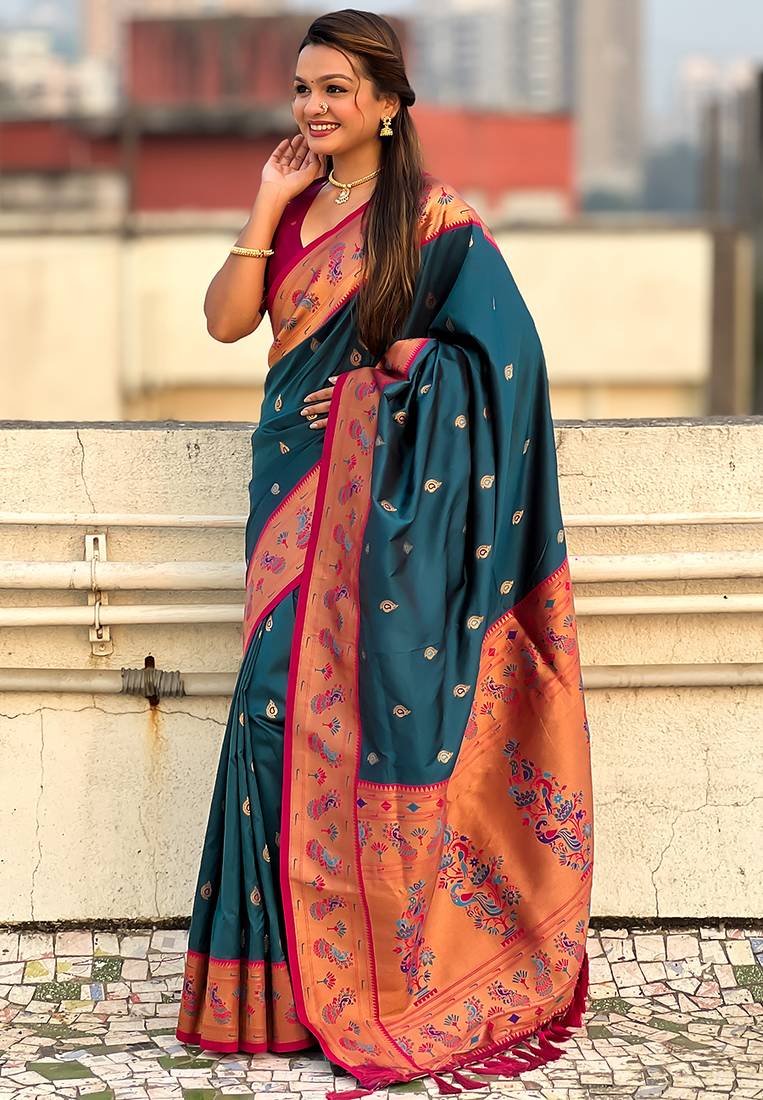 Teal blue woven self design pure silk paithani saree with blouse