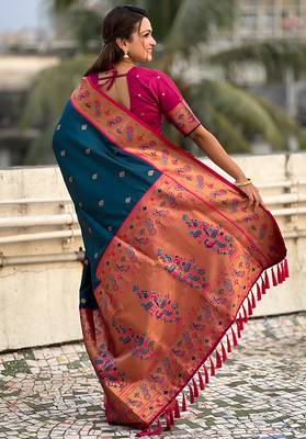 Teal blue woven self design pure silk paithani saree with blouse 4