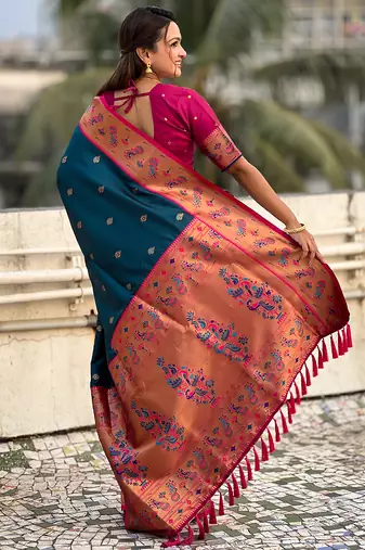 Teal blue woven self design pure silk paithani saree with blouse