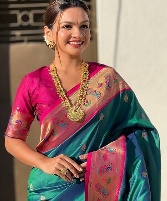 Teal green woven self design pure silk paithani saree with blouse 2
