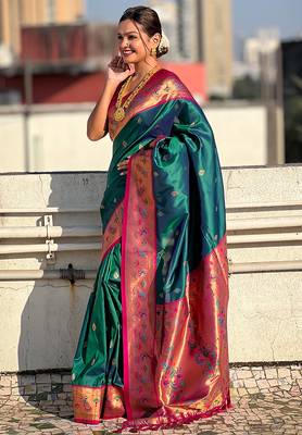 Teal green woven self design pure silk paithani saree with blouse 3