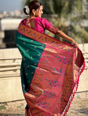 Teal green woven self design pure silk paithani saree with blouse 4
