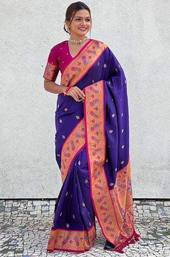 Violet woven self design pure silk paithani saree with blouse