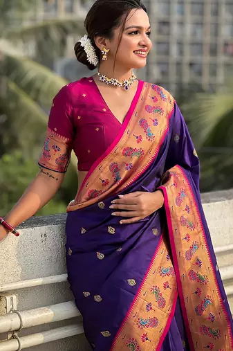 Violet woven self design pure silk paithani saree with blouse