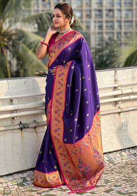 Violet woven self design pure silk paithani saree with blouse 3