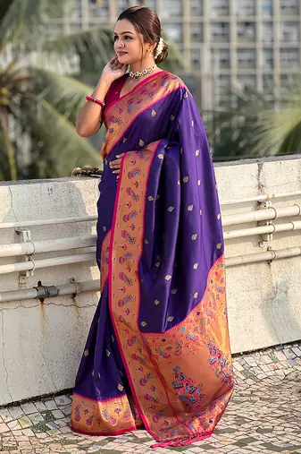Violet woven self design pure silk paithani saree with blouse