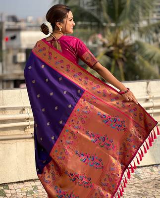 Violet woven self design pure silk paithani saree with blouse 4