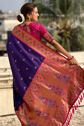 Violet woven self design pure silk paithani saree with blouse