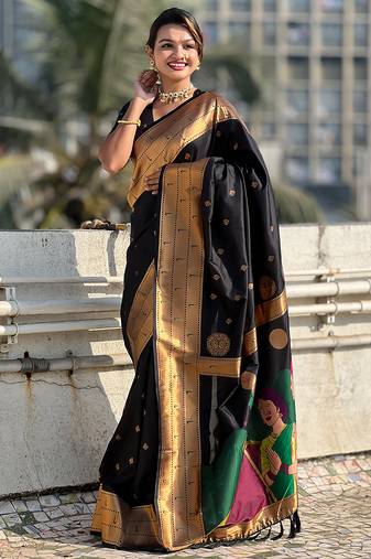 Black woven self design pure silk paithani saree with blouse