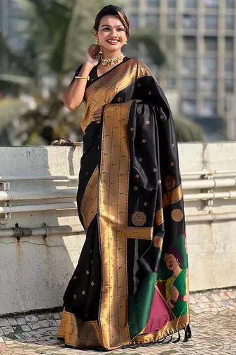 Black woven self design pure silk paithani saree with blouse