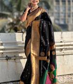 Black woven self design pure silk paithani saree with blouse