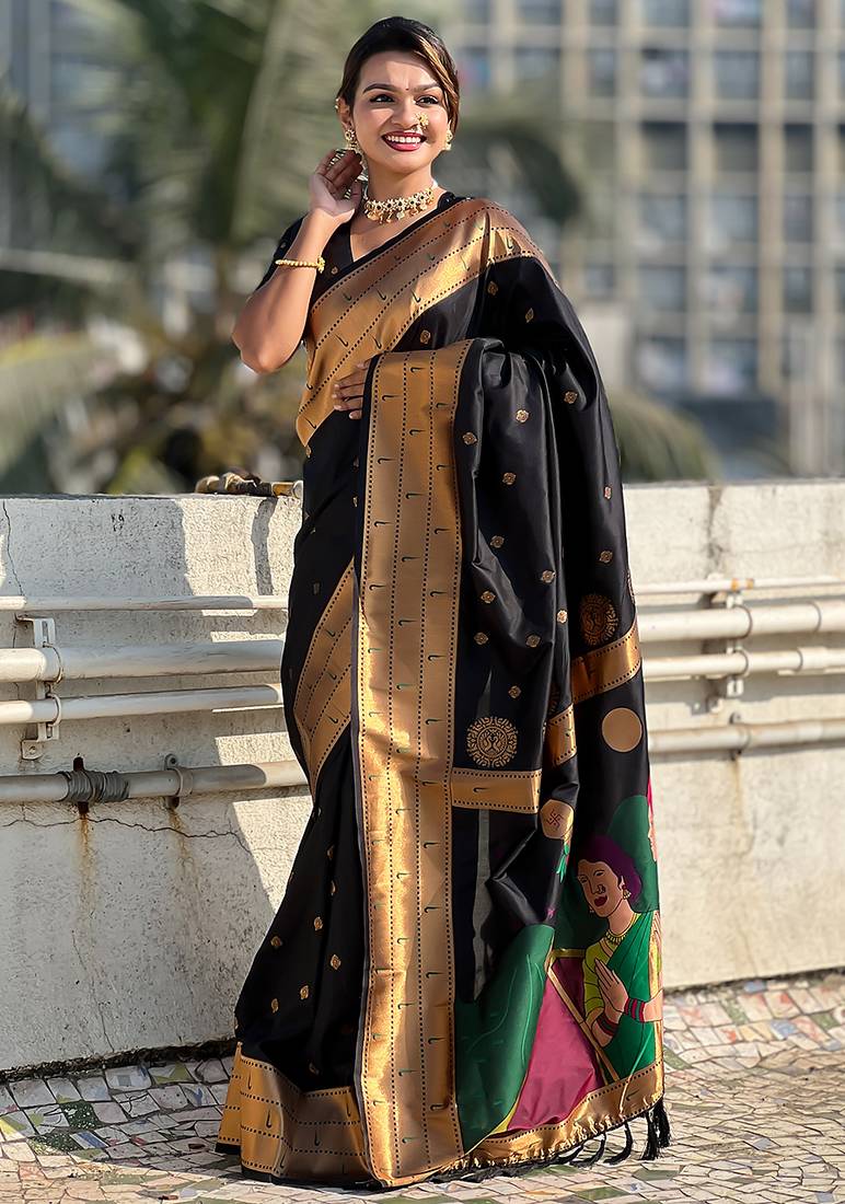 Black woven self design pure silk paithani saree with blouse