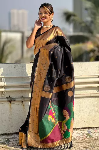 Black woven self design pure silk paithani saree with blouse