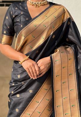 Black woven self design pure silk paithani saree with blouse 3
