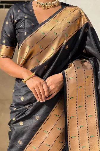Black woven self design pure silk paithani saree with blouse