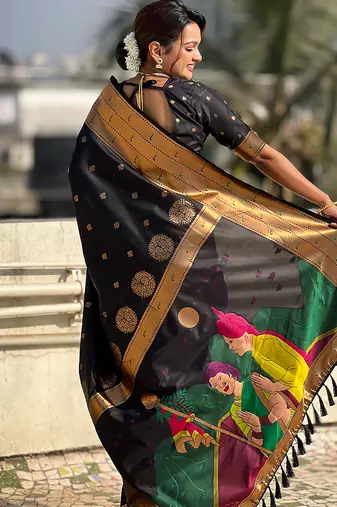 Black woven self design pure silk paithani saree with blouse