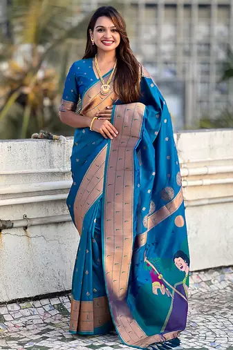 Blue woven self design pure silk paithani saree with blouse
