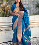 Blue woven self design pure silk paithani saree with blouse