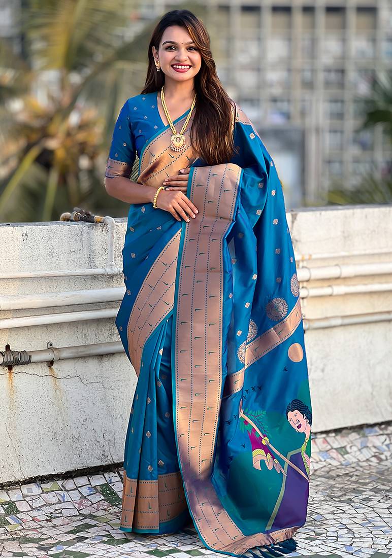 Blue woven self design pure silk paithani saree with blouse