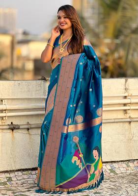 Blue woven self design pure silk paithani saree with blouse 2