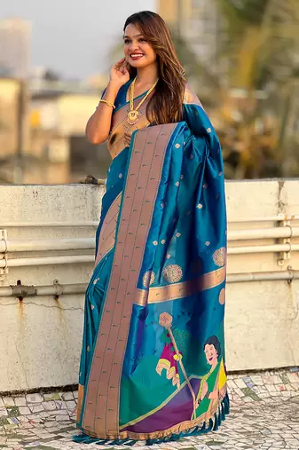 Blue woven self design pure silk paithani saree with blouse