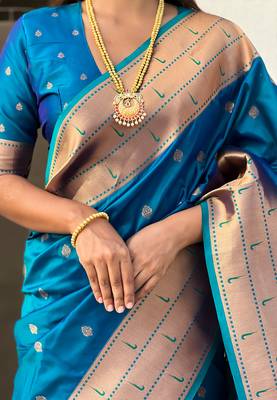 Blue woven self design pure silk paithani saree with blouse 3