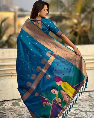Blue woven self design pure silk paithani saree with blouse 4