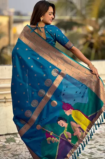 Blue woven self design pure silk paithani saree with blouse