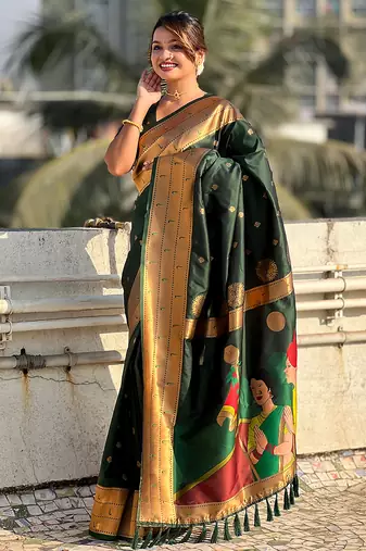 Dark green woven self design pure silk paithani saree with blouse