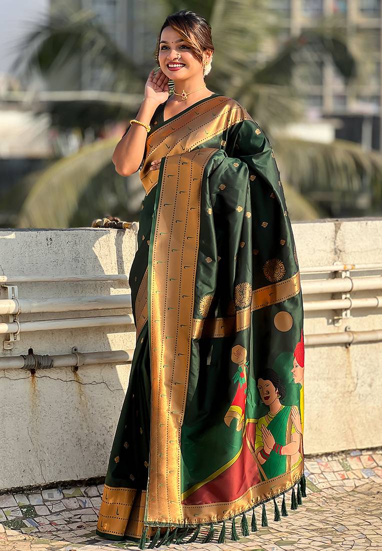 Dark green woven self design pure silk paithani saree with blouse