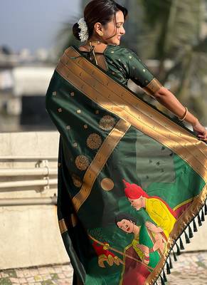 Dark green woven self design pure silk paithani saree with blouse 4