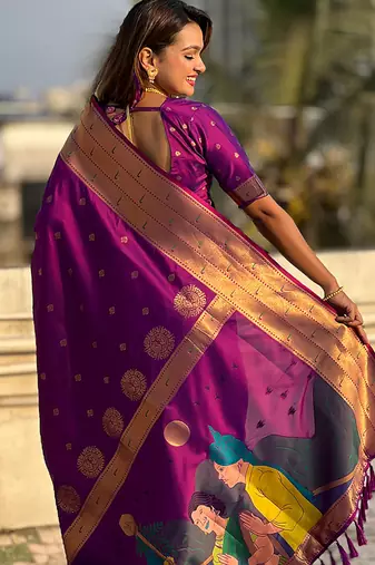 Magenta woven self design pure silk paithani saree with blouse
