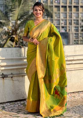 Mehendi woven self design pure silk paithani saree with blouse 1