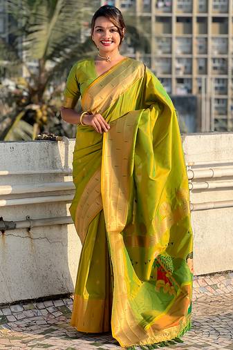 Mehendi woven self design pure silk paithani saree with blouse