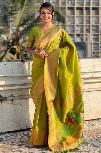 Mehendi woven self design pure silk paithani saree with blouse