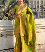 Mehendi woven self design pure silk paithani saree with blouse