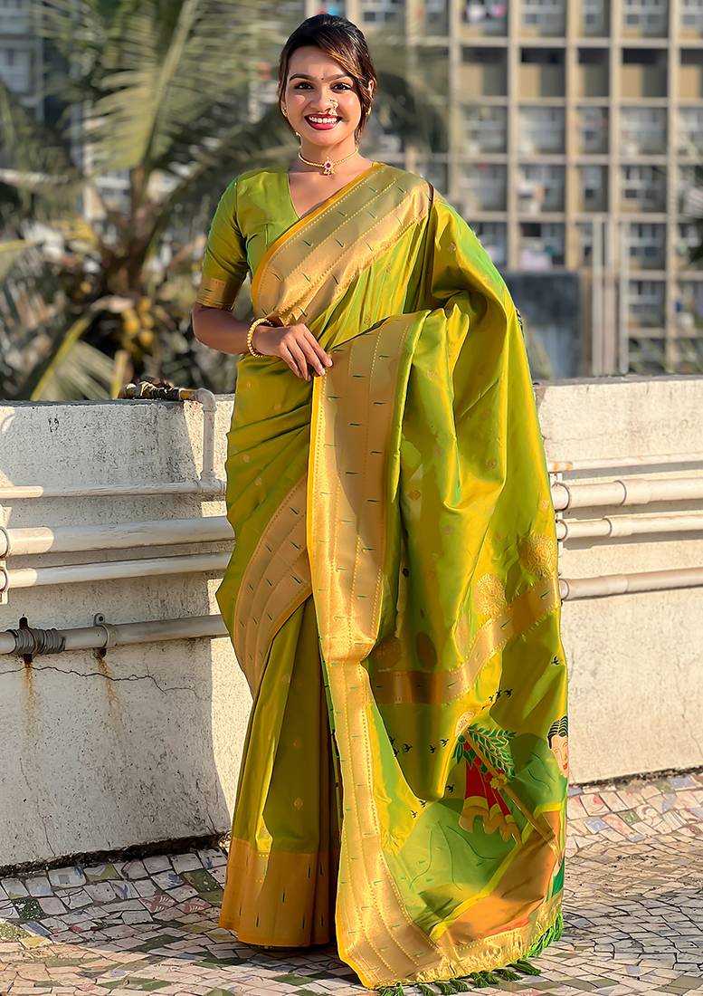 Mehendi woven self design pure silk paithani saree with blouse