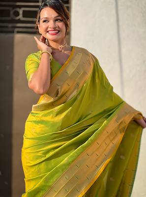 Mehendi woven self design pure silk paithani saree with blouse 2