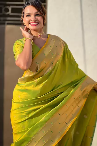 Mehendi woven self design pure silk paithani saree with blouse