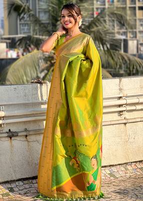 Mehendi woven self design pure silk paithani saree with blouse 3